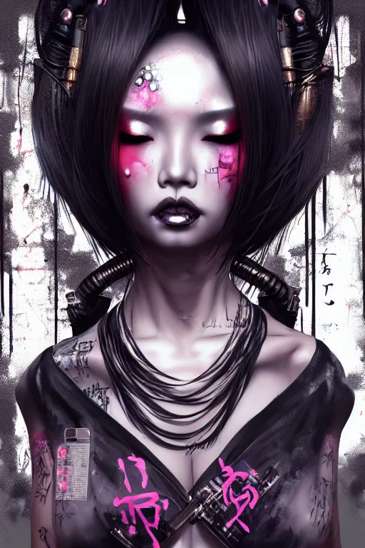 Image similar to soft lustrous ebony asian geisha goddess yakuza biotech raver gutter punk gothic cyborg, cyberpunk city, urban decay, decay, underworld, dark art, highly detailed, digital painting, octane render, artstation, concept art, smooth, sharp focus, illustration, art by artgerm, loish, wlop