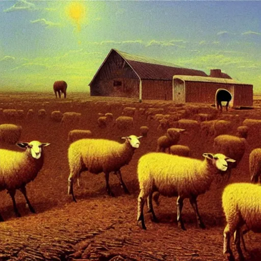 Image similar to sheeps in a farm after nuclear winter by zdzisław beksinski