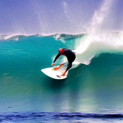 Image similar to kelly slater surfing, surfing in a barrel wave with a great white in the face of the wave under the water, large shark, clear water, high detailed colors, bright deep blue