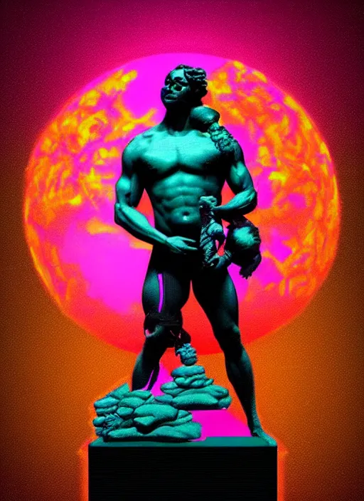 Image similar to statue of atlas holding the world, beeple, vaporwave, retrowave, black background, neon wiring, black, glitch, strong contrast, cuts, pinterest, trending on artstation