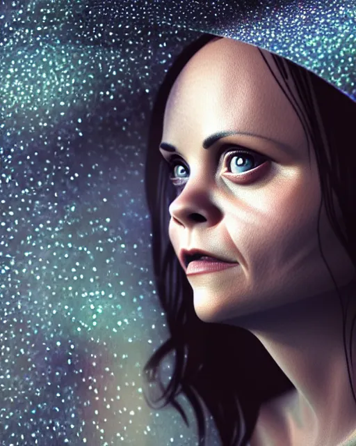 Image similar to Full body potrait of christina Ricci as an angel, hyper realistic, prismatic highlights, atmosphere, raining, gorgeous, depth of field, cinematic, macro, concept art, 50mm, artstation, wlop, elegant, epic, weta digital, focus, octane render, v-ray, 8k, kodak portra, art by Liberatore