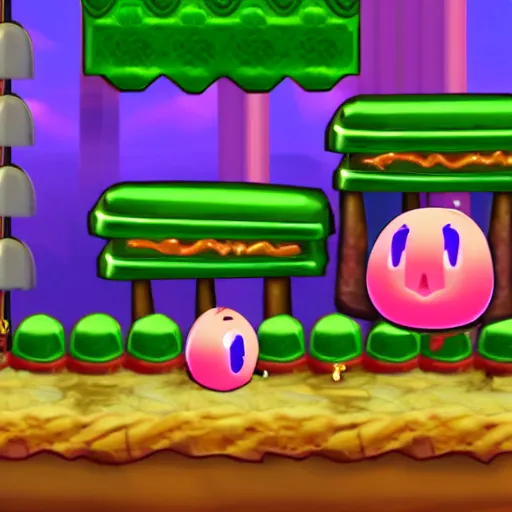 Prompt: video game screenshot of kirby making peanut butter