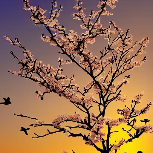 Image similar to birds on cherry tree, Changelingcore, serene, graceful, sunset photo at golden hour, Kodachrome, digital painting