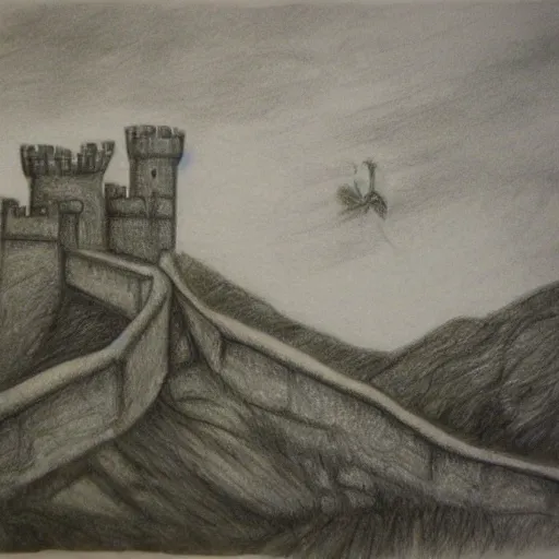 Image similar to welsh dragon above a castle on a hill, pencil work