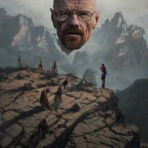 Image similar to slaughter of demons on a cliff overlooking a large floor with Walter White's face on, Greg Rutkowski