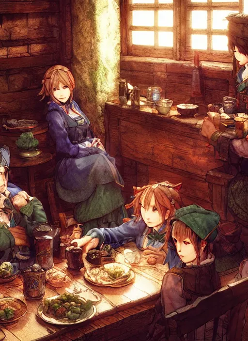 Image similar to the emerald herald sitting in a cozy tavern, hidari, color page, tankoban, 4K, tone mapping, Akihiko Yoshida.