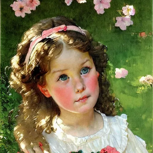 Image similar to a little girl with wavy light brown hair and blue eyes in a beautiful garden. beautiful painting by norman rockwell and raymond swanland, beautiful detailed face.