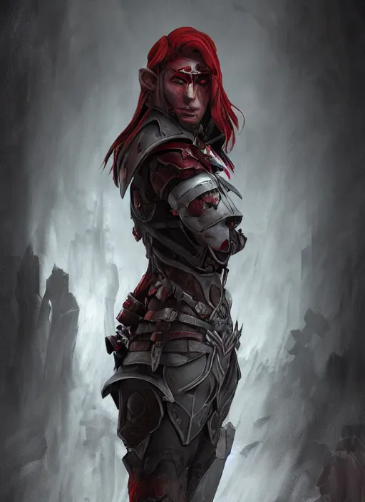 Image similar to A fantasy comic book style portrait painting of a grey elf with red eyes as a warrior in a atmospheric dark fortress, unreal 5, DAZ, hyperrealistic, octane render, RPG portrait, ambient light, dynamic lighting