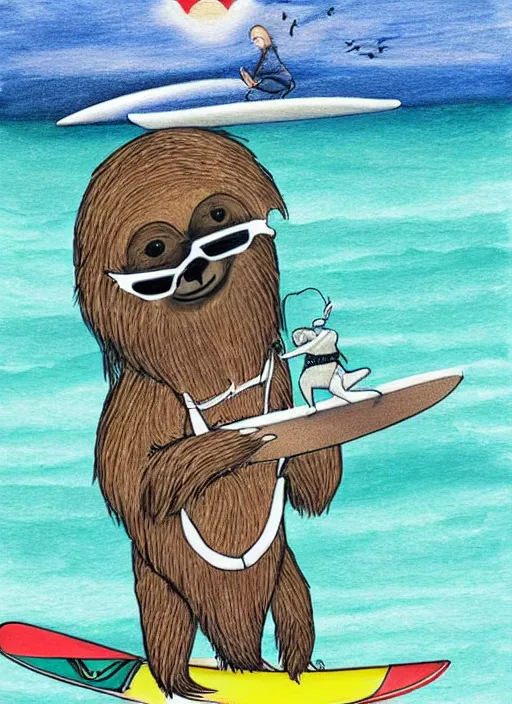 Prompt: hipster drawing of a sloth riding a surfboard in hawaii