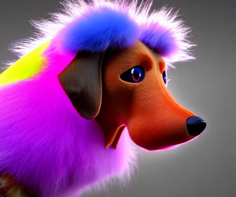 Image similar to high quality 3 d render hyperrealist very cute fluffy dachshund - pokemon, plush mascot, long spiky fluffy smooth hair, photo from the side, multi colors, vivid colors, vray, smooth background, artstation, ultra detailed