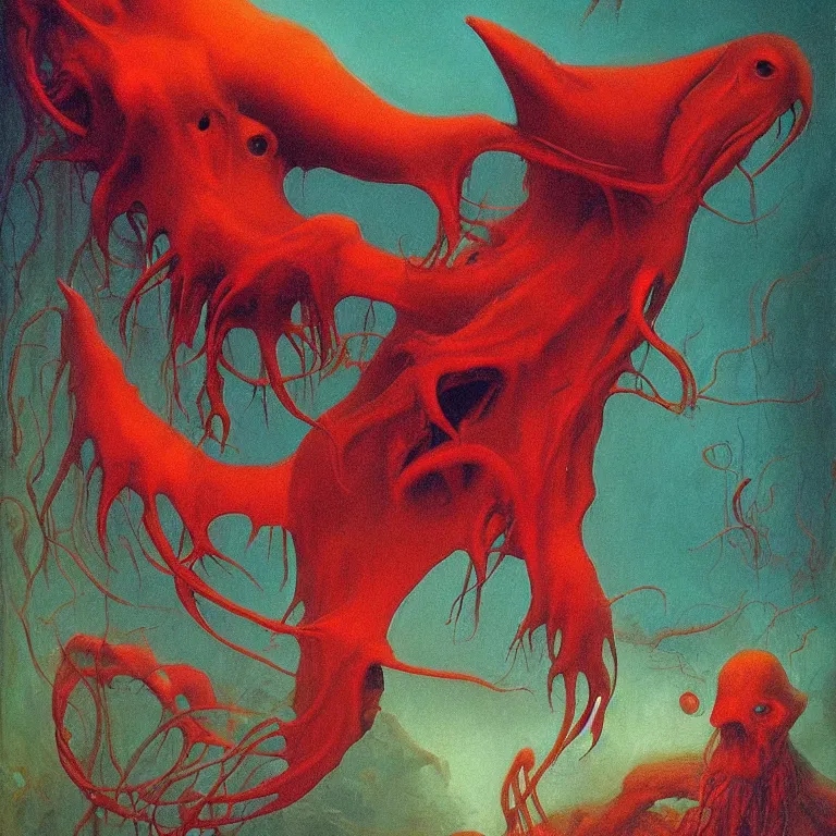 Prompt: Hyperrealistic intensely colored studio Photograph portrait of a deep sea bioluminescent Vampire Squid deep underwater in darkness long exposure, award-winning nature deep sea expressionistic impasto heavy brushstrokes oil painting by Audubon and Zdzisław Beksiński vivid colors hyperrealism 8k