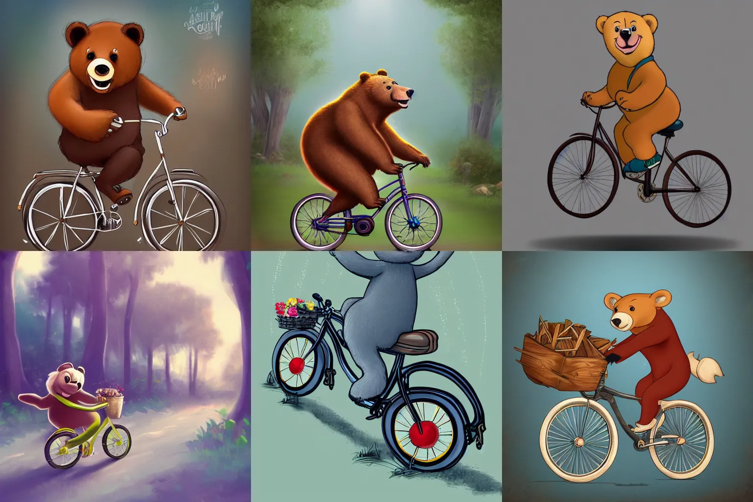 Prompt: a bear riding a bicycle, Disney style, detailed digital art, trending on artstation,