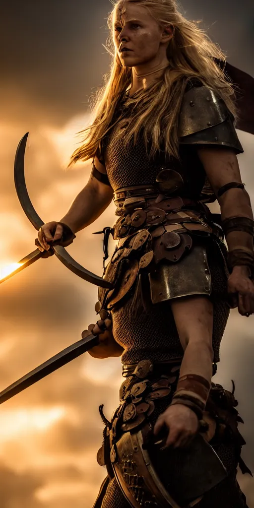 Image similar to a photograph of viking shield maiden in the battlefield, action movie, movie still, cinematic, filmic, dramatic, volumetric light