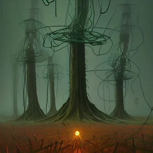 Image similar to giant eldritch horror, simon stalenhag, war of the worlds, forest