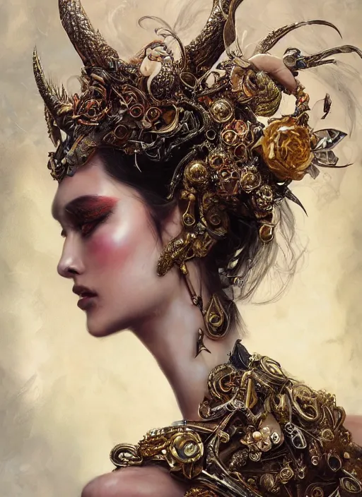 Image similar to expressive photo of sophia lauren, ornate headpiece made from metals, hyper maximalist, elegant, body horror, by karol bak nd yoshitaka amano and greg rutkowski and jeremyg lipkinng and artgerm, photorealistic, fashion photography, hyperrealistic, photography