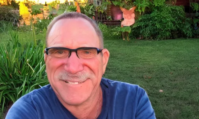 Prompt: My dad Steven just took a hit from the bongo and have good time being gracefully relaxed in the garden, sunset lighting. My second name is Carell