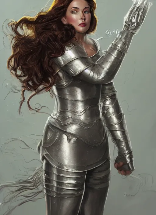 Image similar to beautiful female dorothy gale, rebecca romijn as dorothy, full body character concept, covered in full silver armor, art nouveau, super powers, fantasy, intricate, elegant, highly detailed, digital painting, artstation, concept art, shining, sharp focus, illustration, art by stanley lau