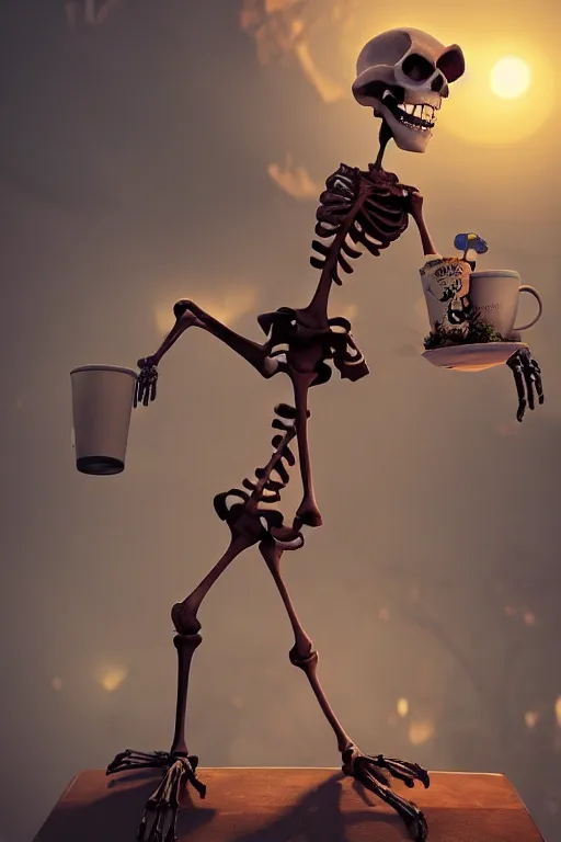 Image similar to a skeleton character holding a cup of coffee on the cemetery at night, designed by peter andrew jones and pixar, photorealistic, 3 d render, award winning render, unreal engine, octane render, studio lighting, 8 k, hd, dustin nguyen, akihiko yoshida, greg tocchini, greg rutkowski, cliff chiang