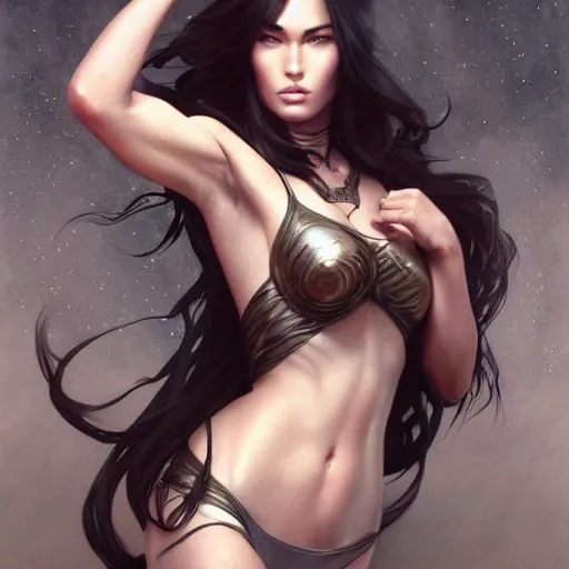 Image similar to ultra realistic illustration, buff megan fox anime, intricate, elegant, highly detailed, digital painting, artstation, concept art, smooth, sharp focus, illustration, art by artgerm and greg rutkowski and alphonse mucha and wlop