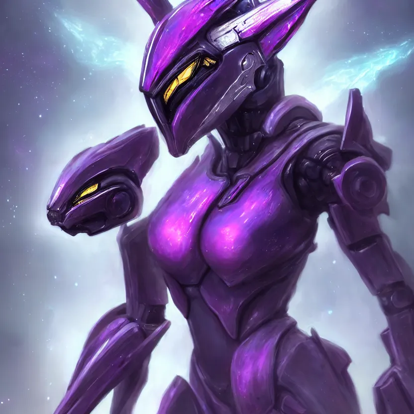 Image similar to cinematic bust shot, cosmic sized proportional stunning beautiful hot female warframe, detailed robot mecha female dragon head, metal ears purple eyes, sleek silver armor, fuschia skin, floating in empty space, nebula sized, posing elegantly, epic proportions, epic size, epic scale, furry art, dragon art, giantess art, warframe fanart, furaffinity, deviantart