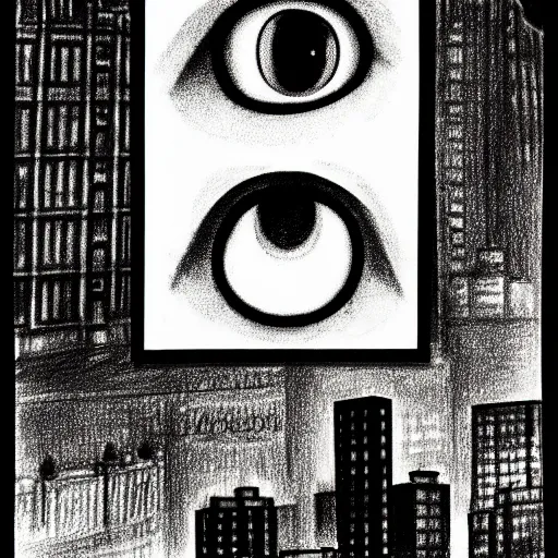 Image similar to a drawing of three realistic eyes floating over a city, black and white, vintage poster, film grain