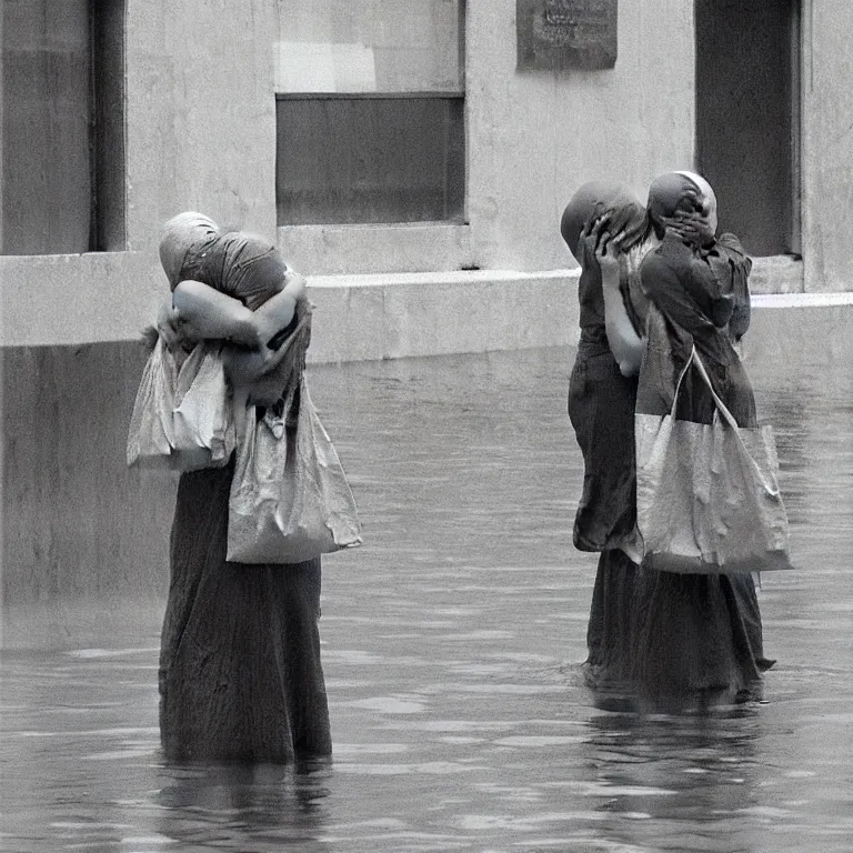 Image similar to two women hugging with a paper bag over the head dressed in plastic bags on flooded streets, highly detailed, artstation, art by, , edward hopper, Zdzislaw Beksinski, highly detailed