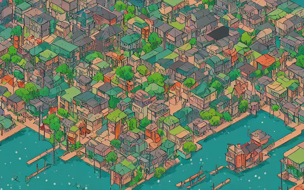 Image similar to a japanese city near the sea, lofi, dreamy, moody, very colorful, anime inspiration, ghibli vibe, very pixelart, hd