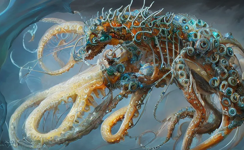 Prompt: Cyborg biomechanical jellyfish dragon. By Konstantin Razumov, highly detailded