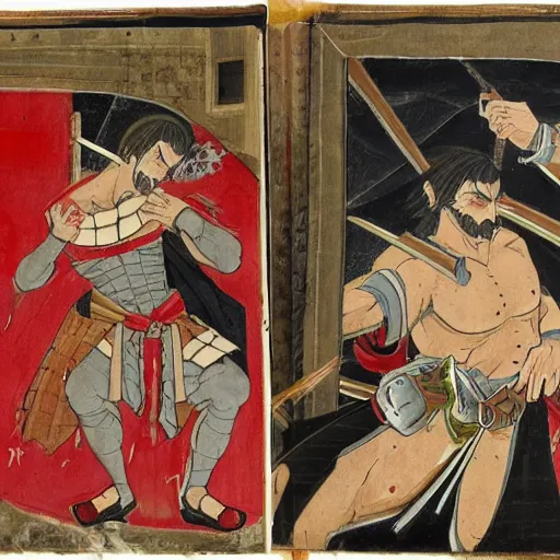 Prompt: Kiryu Kazuma fighting Daisaku Kuze, medieval painting, lots of details, profile perspective