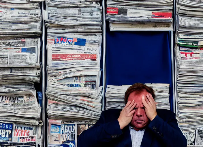 Prompt: dslr photo still of alex jones in a blue suit sitting depressed in a room filled to the ceiling with newspapers, 5 2 mm f 5. 6