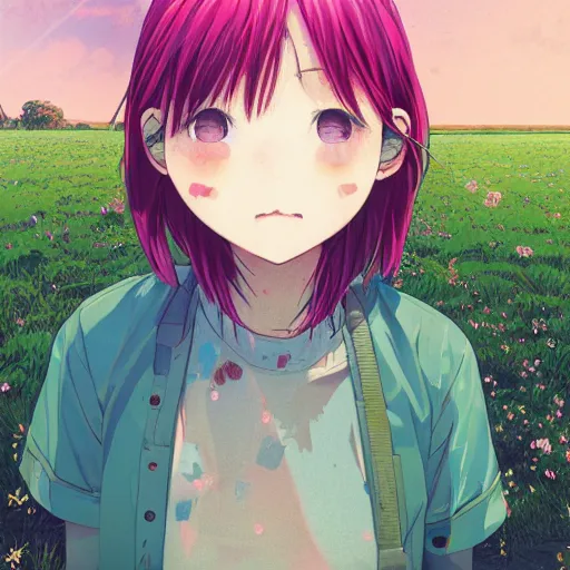 Image similar to a super detailed moe protagonist girl with pink hair in a field by inio asano, beeple and james jean, aya takano color style, 4 k, super detailed, night sky, digital art, digital painting, celestial, majestic, colorful