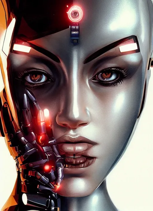 Image similar to portrait of a cyborg woman who turns her head to the ((((((right))))) left+350 (((((up+1))))) (((((down))))) by Artgerm,eyes closed , biomechanical, hyper detailled, trending on artstation