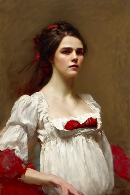 Image similar to Solomon Joseph Solomon and Richard Schmid and Jeremy Lipking victorian genre painting full length portrait painting of a young beautiful woman traditional german barmaid in fantasy costume, red background