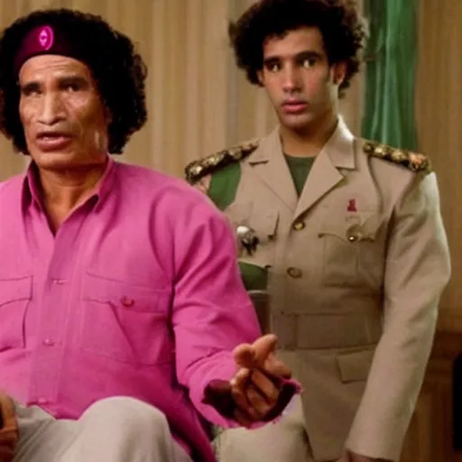 Prompt: A movie still of Muammar Gaddafi wearing a pink dress in Mean Girls