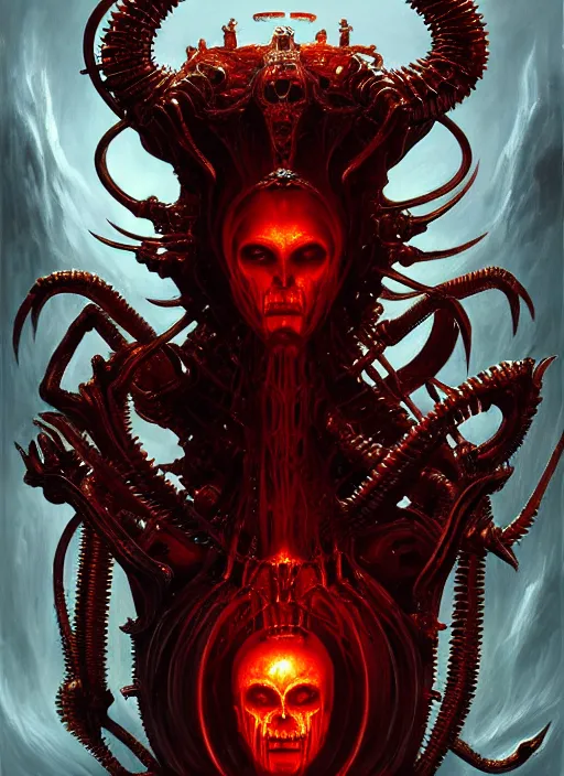 Image similar to masterpiece, his infernal majesty concept art, stylized, elden ring, elegant, imperial, epic, art by h. r. giger, darius zawadzki, josan gonzalez, alexey egorov, biomechanical, crimson darkness, hellscape