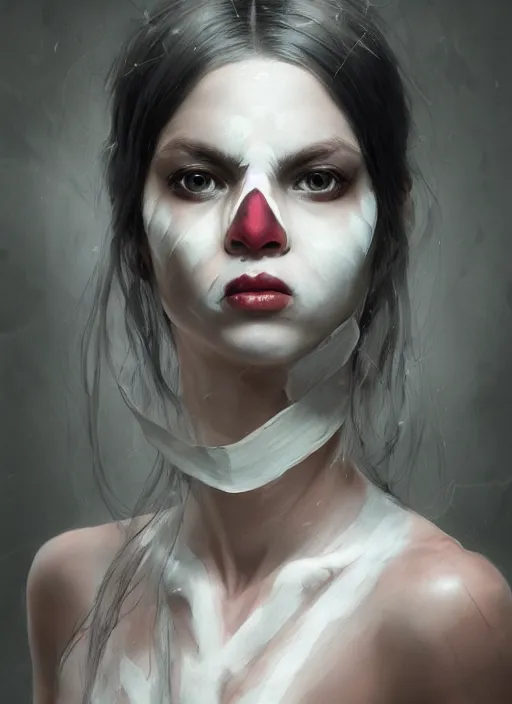 Image similar to portrait of beautiful girl with full pouty lips, skeksis, white face paint, bandaged nose, striking eyes, fullbody, insanely detailed, procedural rendering, greg rutkowski, charlie bowater, yuumei, yanjun cheng, unreal 5, daz, hyperrealistic, octane render, rpg portrait, dynamic lighting, fantasy art, beautiful face