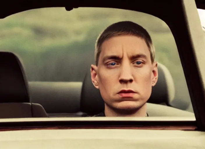Image similar to a very high resolution image from a new movie, eminem in a car car. inside of a car. alone. mountains, directed by wes anderson