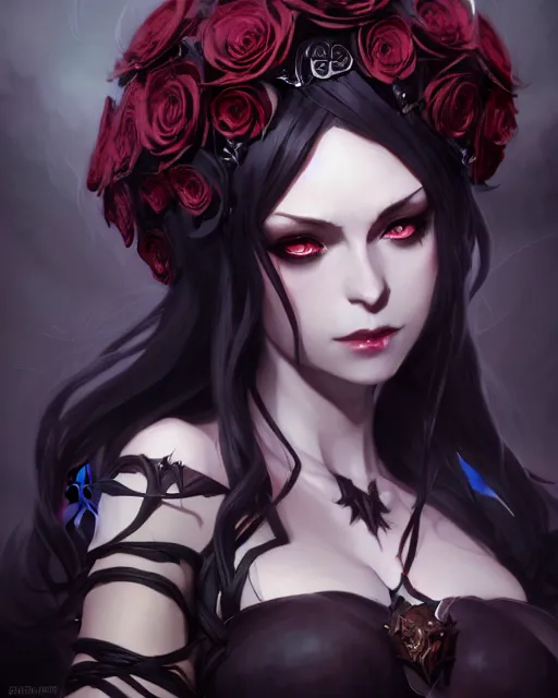 Image similar to beautifully dressed dark sorceress surrounded by black roses horns and skulls, cushart krenz, very detailed, realistic face, detailed face, matte, tonemapping, bbwchan, perfection, 4 k, cushart krenz