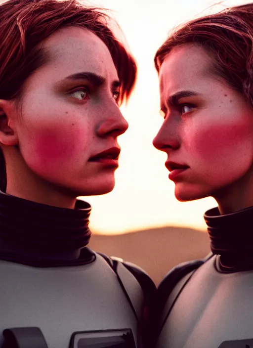 Image similar to cinestill 5 0 d photographic portrait of two loving female androids wearing rugged black techwear on a desolate plain with a red sky, extreme closeup, cyberpunk style, garters, dust storm, 8 k, hd, high resolution, 3 5 mm, f / 3 2, ultra realistic faces, ex machina