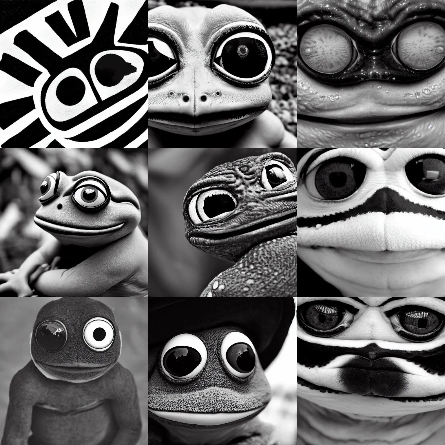 Prompt: stunning black and white photo of pepe the frog