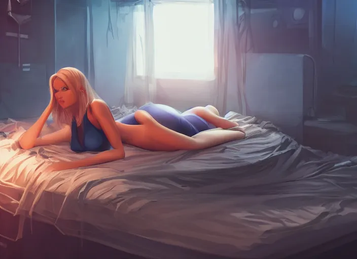 Prompt: blonde woman laying down on a bed, dark cluttered room, blue light, Cyberpunk, top down, wide shot, Artstation, intricate, highly detailed, digital art