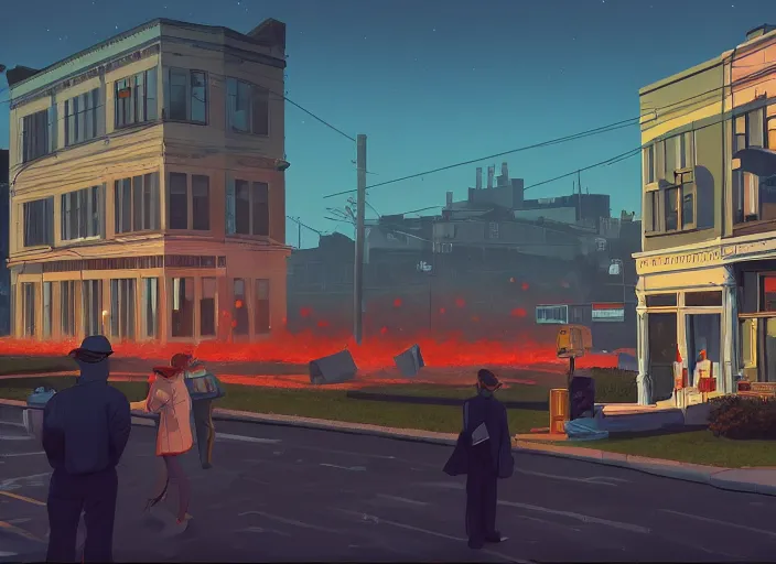 Image similar to crowd of working citizens carrying daily routines on the backdrop of multiple missile warheads explosions destroying residential buildings, DSLR 35mm, by Edward Hopper and Dan Mumford and WLOP, Unreal Engine 5, Lumen, Nanite