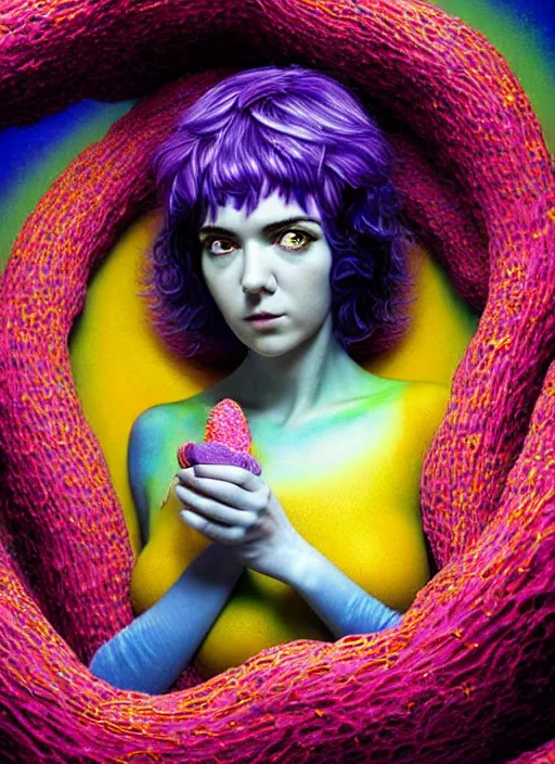 Prompt: hyper detailed 3d render like a Oil painting - Ramona Flowers with black hair in thick mascara seen Eating of the Strangling network of grasping colorful yellowcake and aerochrome and milky Fruit and Her delicate Hands hold of gossamer polyp blossoms bring iridescent fungal flowers whose spores black the foolish stars by Jacek Yerka, Mariusz Lewandowski, Houdini algorithmic generative render, Abstract brush strokes, intense eyes, Masterpiece, Edward Hopper and James Gilleard, Zdzislaw Beksinski, Mark Ryden, Wolfgang Lettl, Dan Hiller, hints of Yayoi Kasuma, octane render, 8k