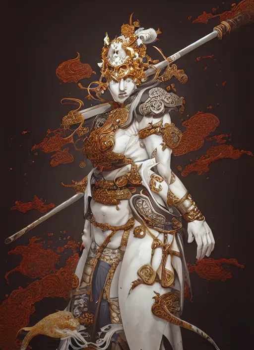 Prompt: subsurface scattering, white, koi, female samurai deity with filigree fantasy armor, by jesper ejsing, james jean, justin gerard, tomasz alen kopera, cgsociety and fenghua zhong, highly detailed, rim light, cinematic lighting, illustration, art, octane render, very coherent, cinematic, hyper realism, high detail, 8 k