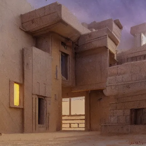 Prompt: blade runner diriyah style house architecture, by james gurney and greg rutkowski