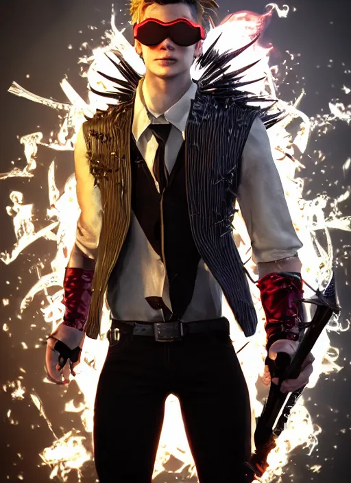 Image similar to An epic fantasy comic book style portrait painting of young man with long red spiked hair. Wearing a black waistcoat, white shirt, using googles. Rockstar. Blasting fire on his hands. Unreal 5, DAZ, hyperrealistic, octane render, cosplay, RPG portrait, dynamic lighting