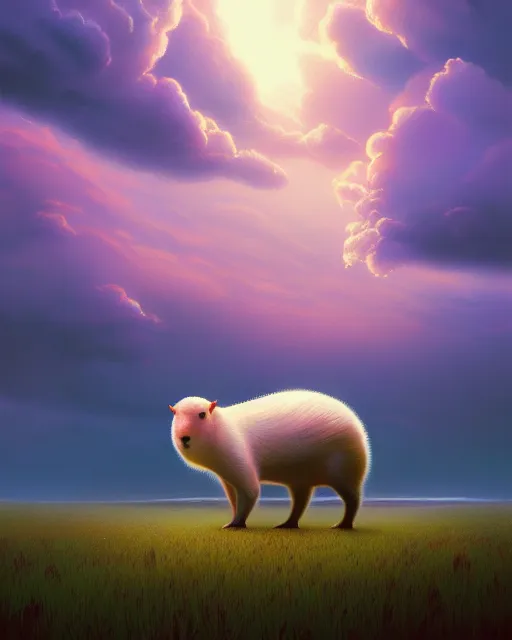 Image similar to white capybara at siberia, surreal photography, warm dramatic light, impressionist painting, colorful clouds, digital painting, artstation, kilian eng, john harris, bastien lecouffe - deharme, simon stalenhag, flower face