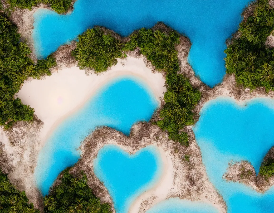 Image similar to closeup shot photo of ultra realistic blue lagoon with exotic palm tree heart / shaped sandy beach island, sunset lighting