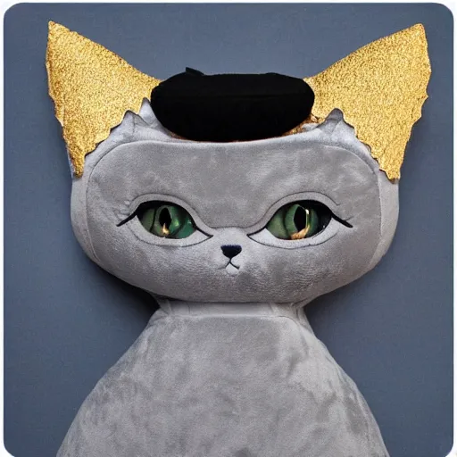 Image similar to gray anthropomorphic, cat female with a whit and chest, wearing a golden crown, big blue eyes, plushy