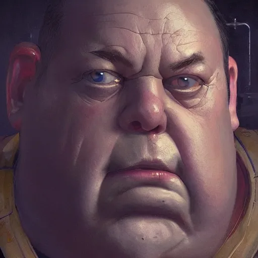 Prompt: closeup portrait of an overweight barkeeper, prosthetic robot arm, ratz, neuromancer, bar background, painted by greg rutkowski, painted by igor kieryluk, high detail, dramatic light, digital art, trending on artstation